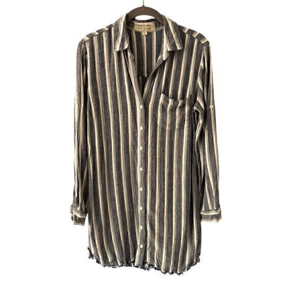 Cloth and Stone Blue and White Striped Button Linen Blend Raw Hem Shirt Size S